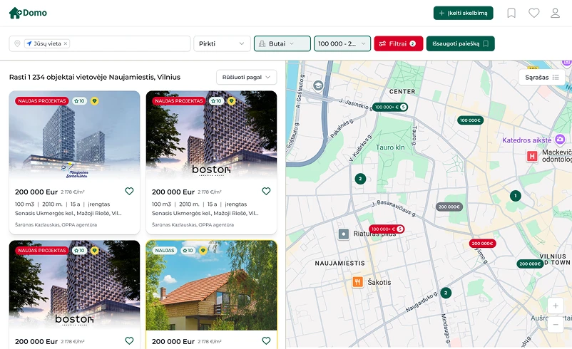 Вид управления новыми проектами и поиска Domoplius